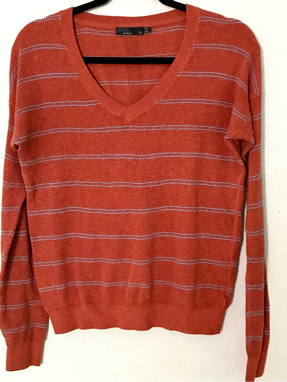 prAna Orange Stripe V Neck Sweater Women’s M Lightweight